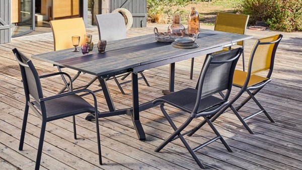 Table GALLEO 180/230/280 plateau HPL Fundermax® Coloris:Châssis Graphite/Plateau Fundermax® Moka Ecotax:Prix de vente comprenant