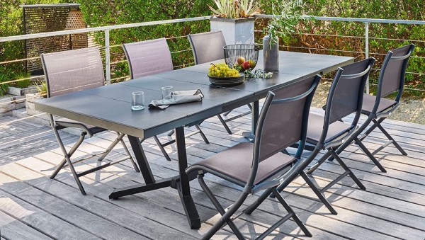 Table VITA 180/240 plateau lames HPL Fundermax® Coloris:Châssis Graphite/Plateau Fundermax® Ardoise Ecotax:Prix de vente compren